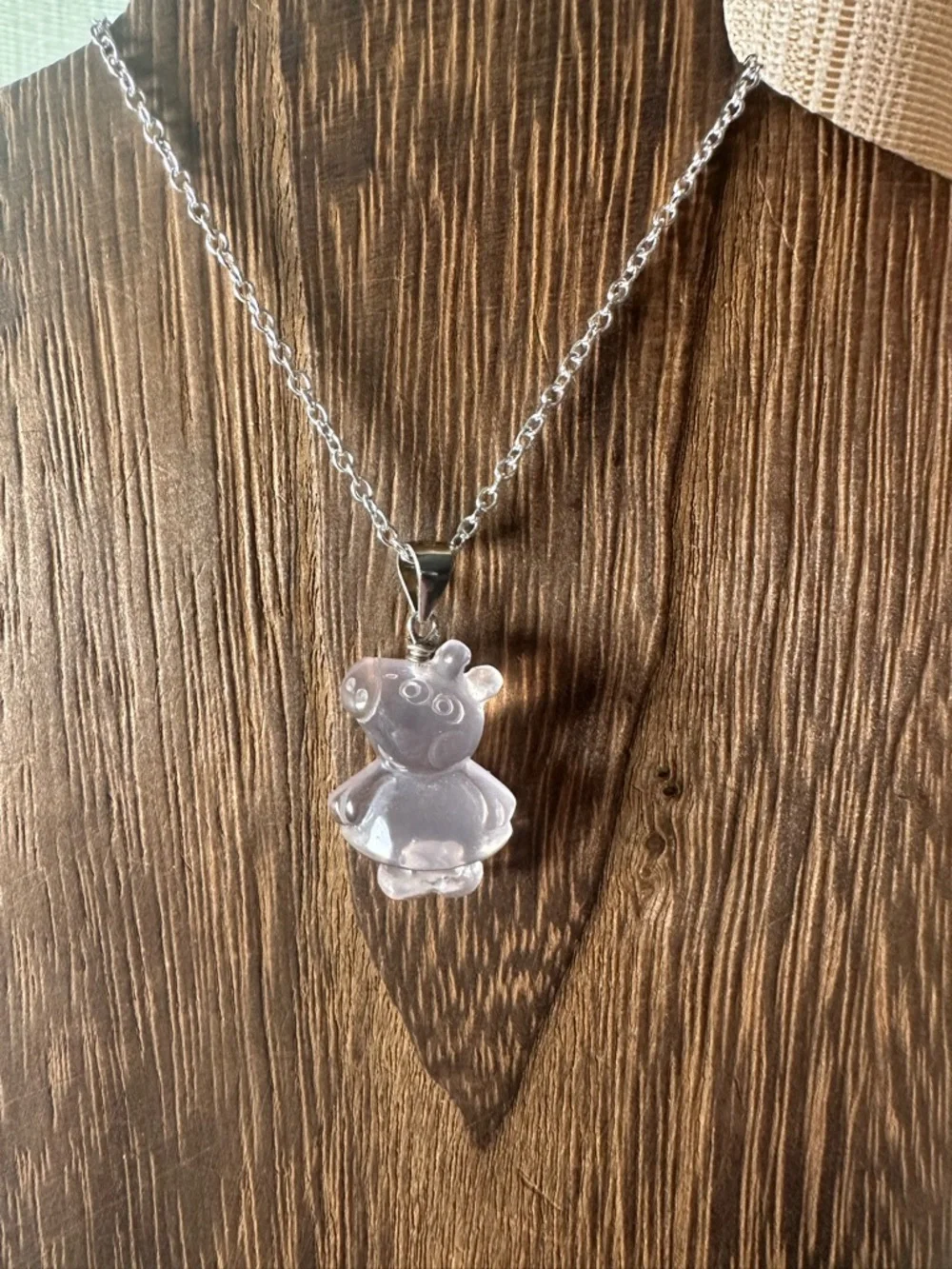 Light Pink Rose Quartz Peppa Pig Pendant Necklace, Sterling Silver Bail - Picture 2 of 10